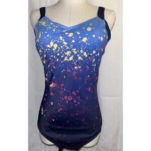 Itzel Blue/Yellow Splatter Ombre One Piece Swimsuit Long Torso V-neck Size 10